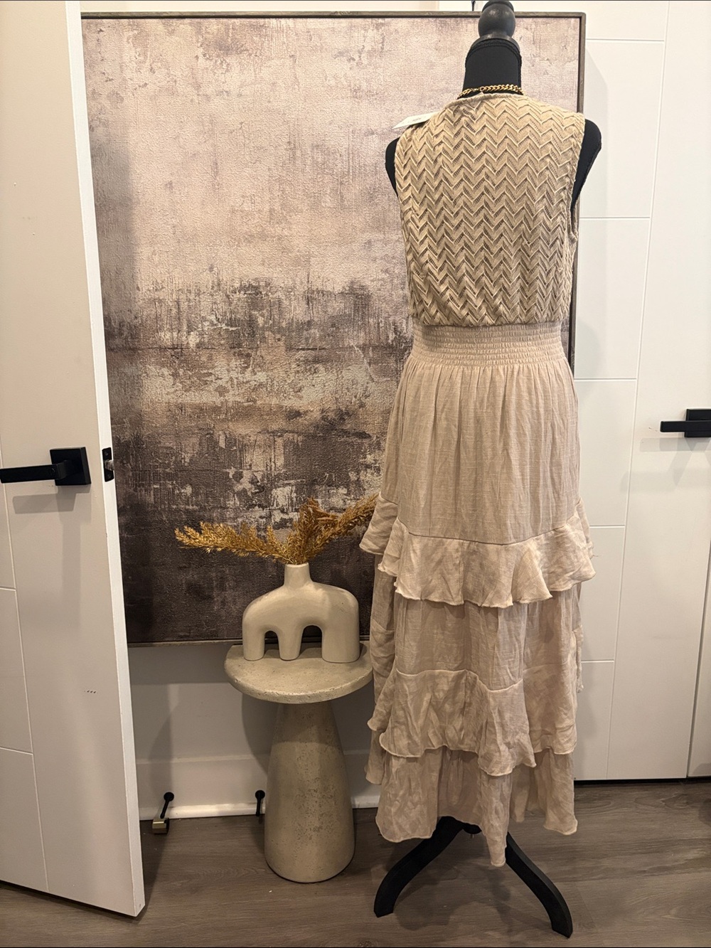 Sleeveless Beige Tiered Maxi Dress with Smocked Waist - Picture 8 of 8